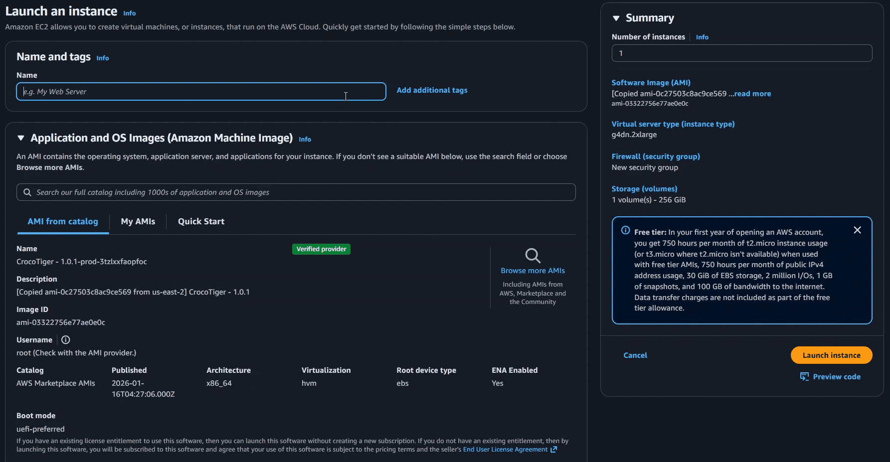 Screenshot 1 for Launch an instance